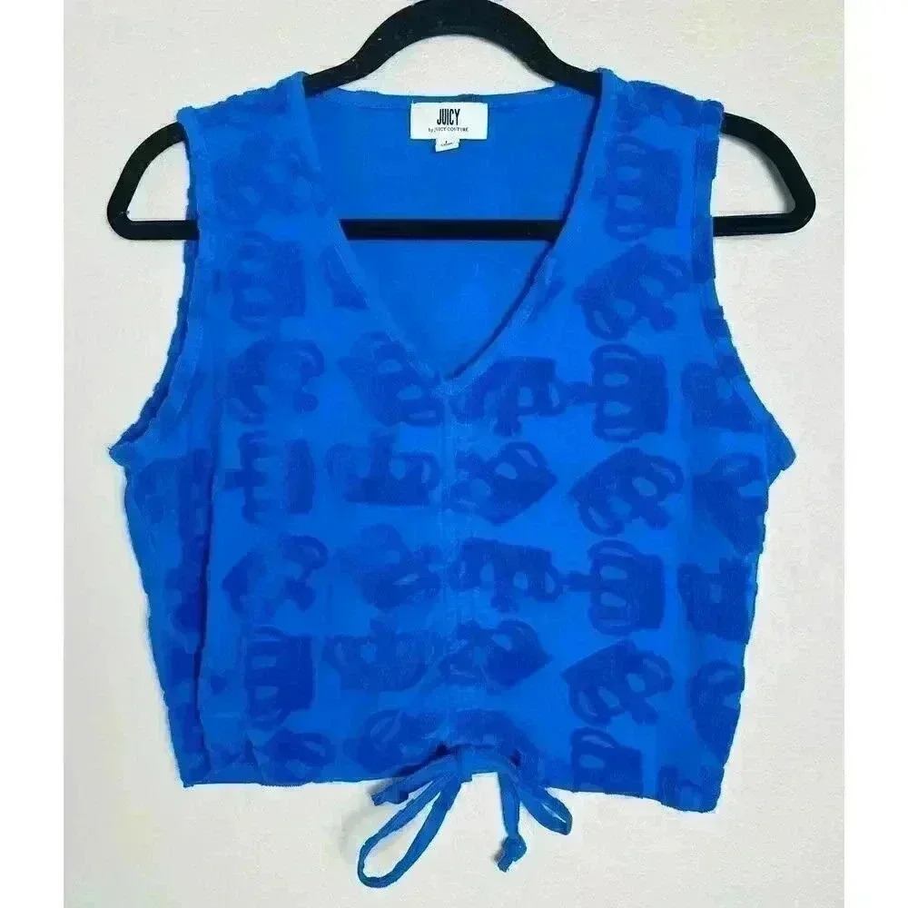 Juicy Couture Women’s Blue Cropped V-Neck Cotton Blend Sleeveless Shirt Large